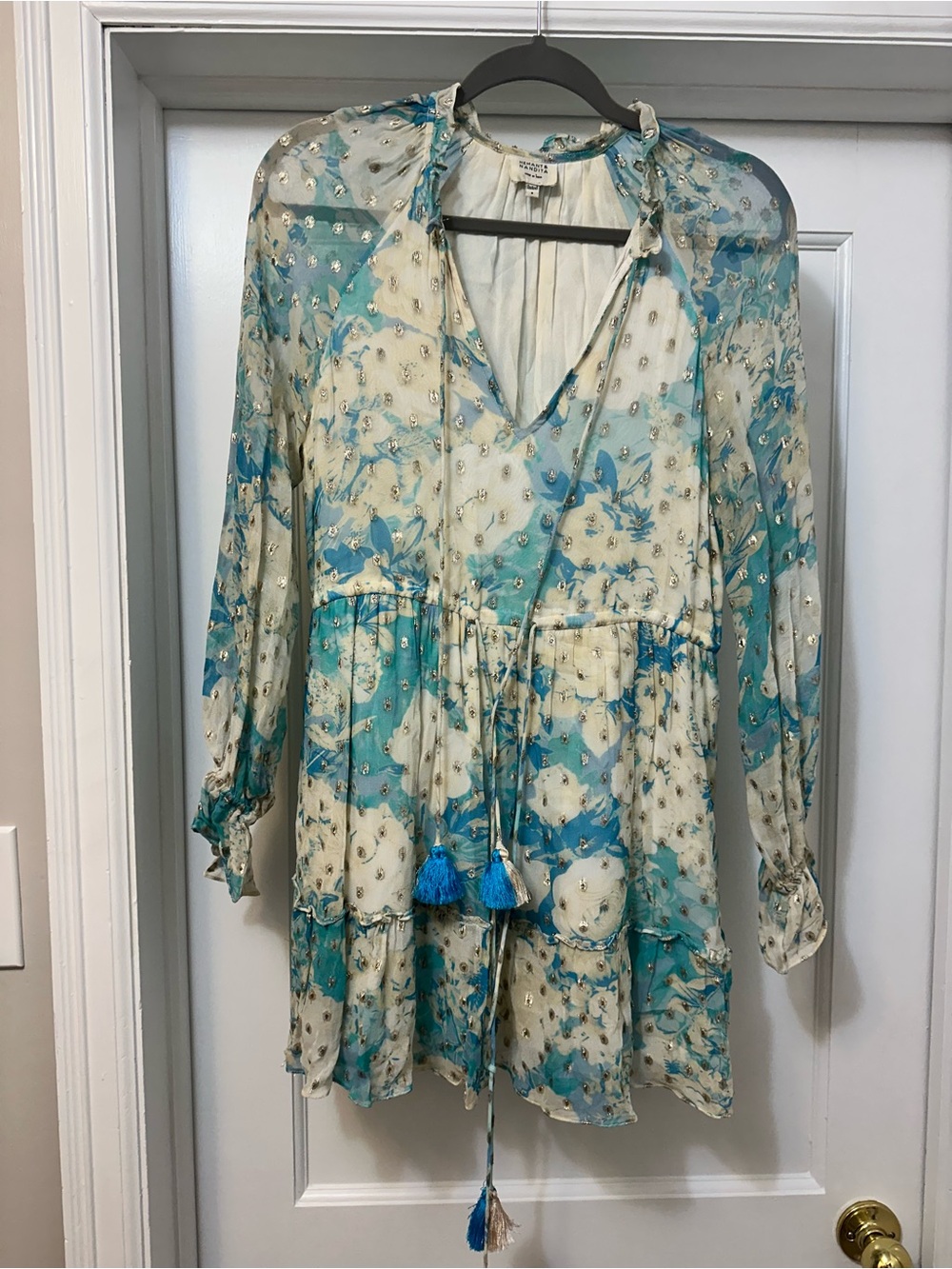 HEMANT & NANDITA Teal and Cream Floral Tassel Long Sleeve Mini Dress
